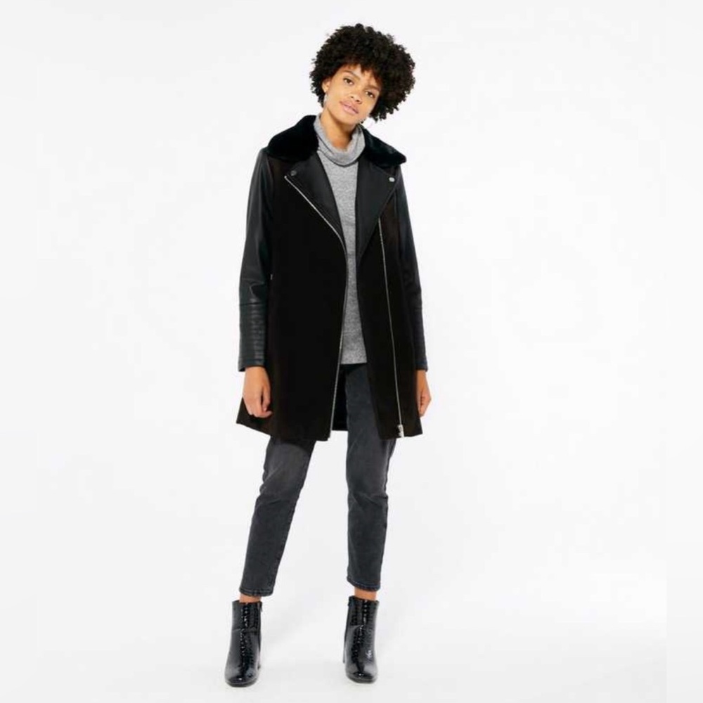Zara Black Alpaca Wool Blend Coat with Moto Vegan Leather Quilted Sleeves Small